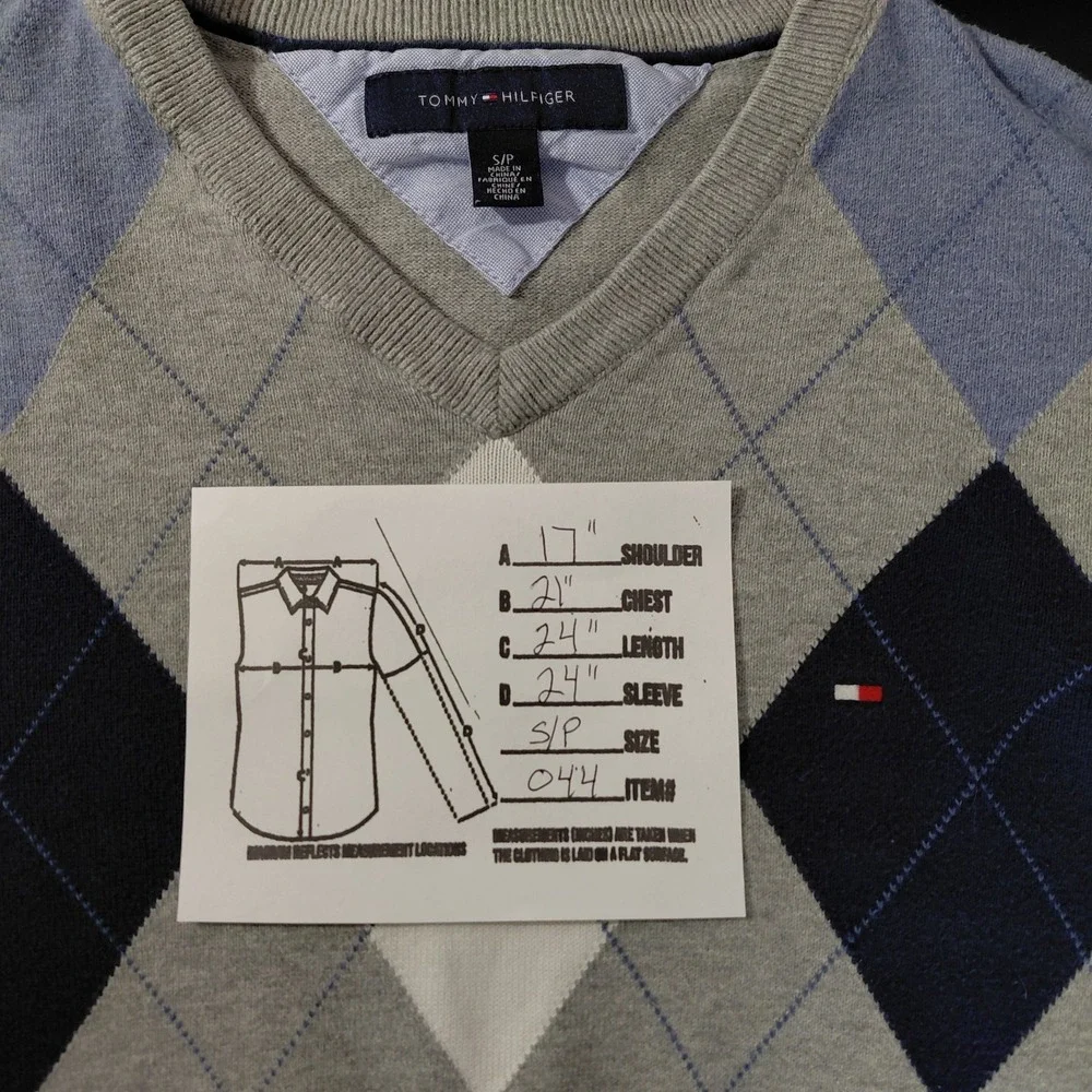 Tommy Hilfiger Size S Argyle V Neck Sweater Men Pullover Gray Blue Cotton Preppy